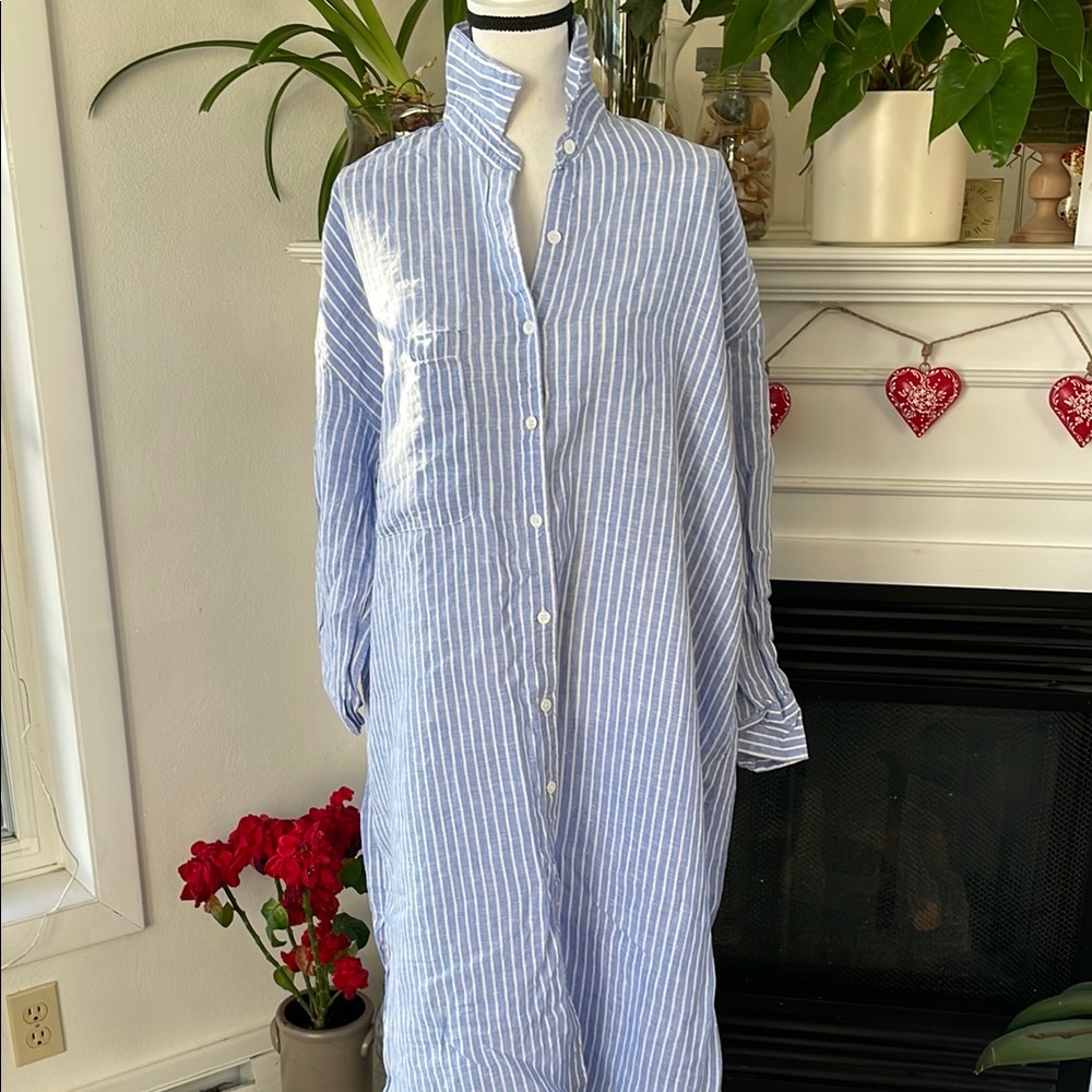 Blue and White Striped Button-Up Dress